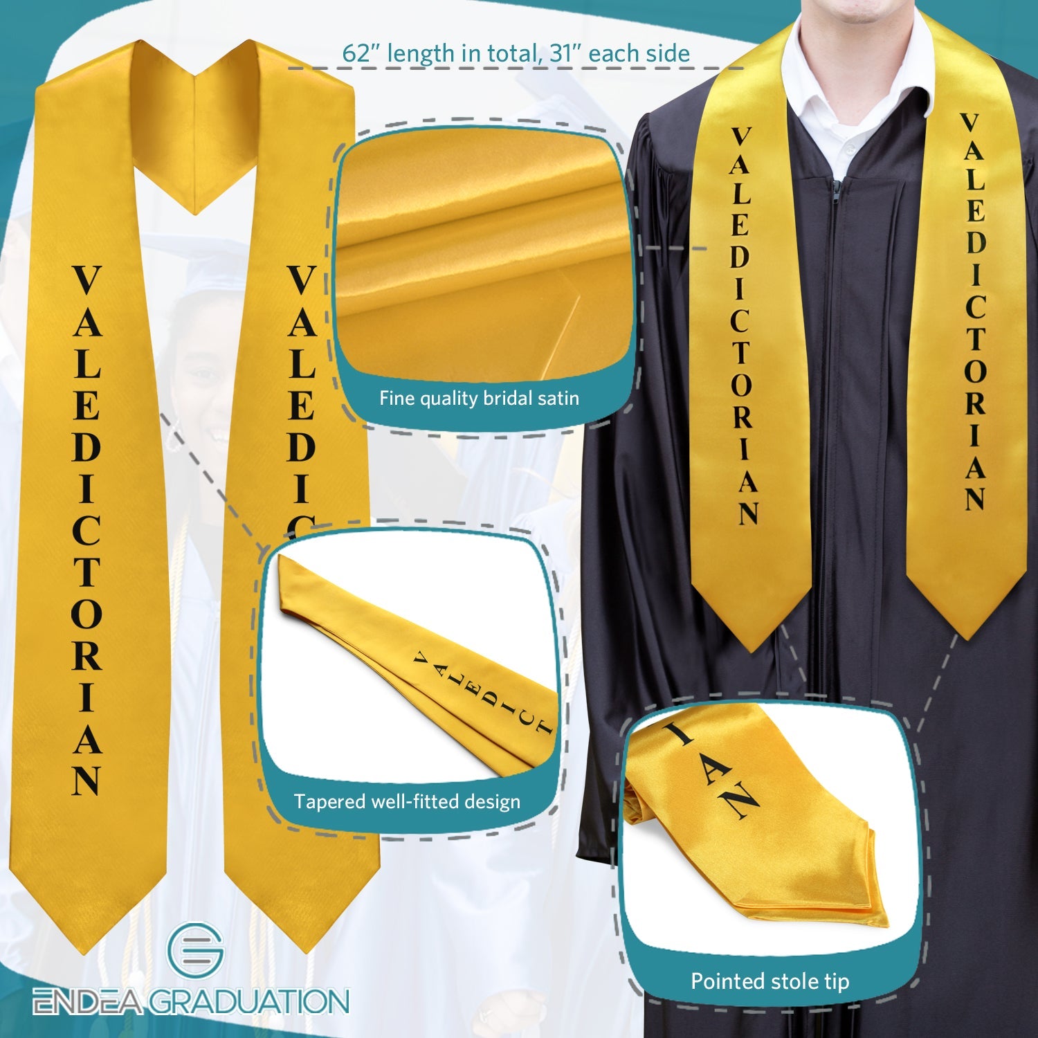 Gold Valedictorian Graduation Stole/Sash with Classic Tips - Endea Graduation