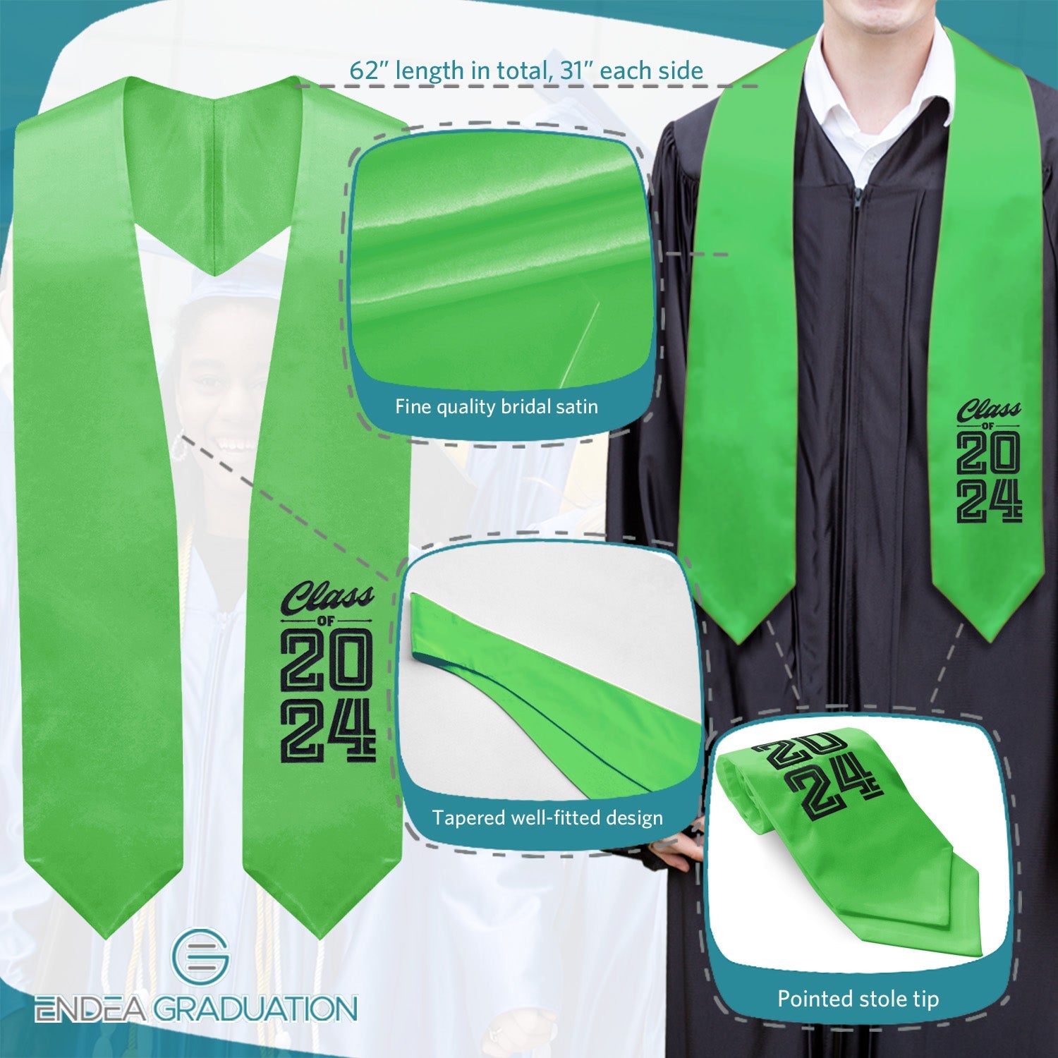 Green Class of 2024 Graduation Stole/Sash with Classic Tips - Endea Graduation