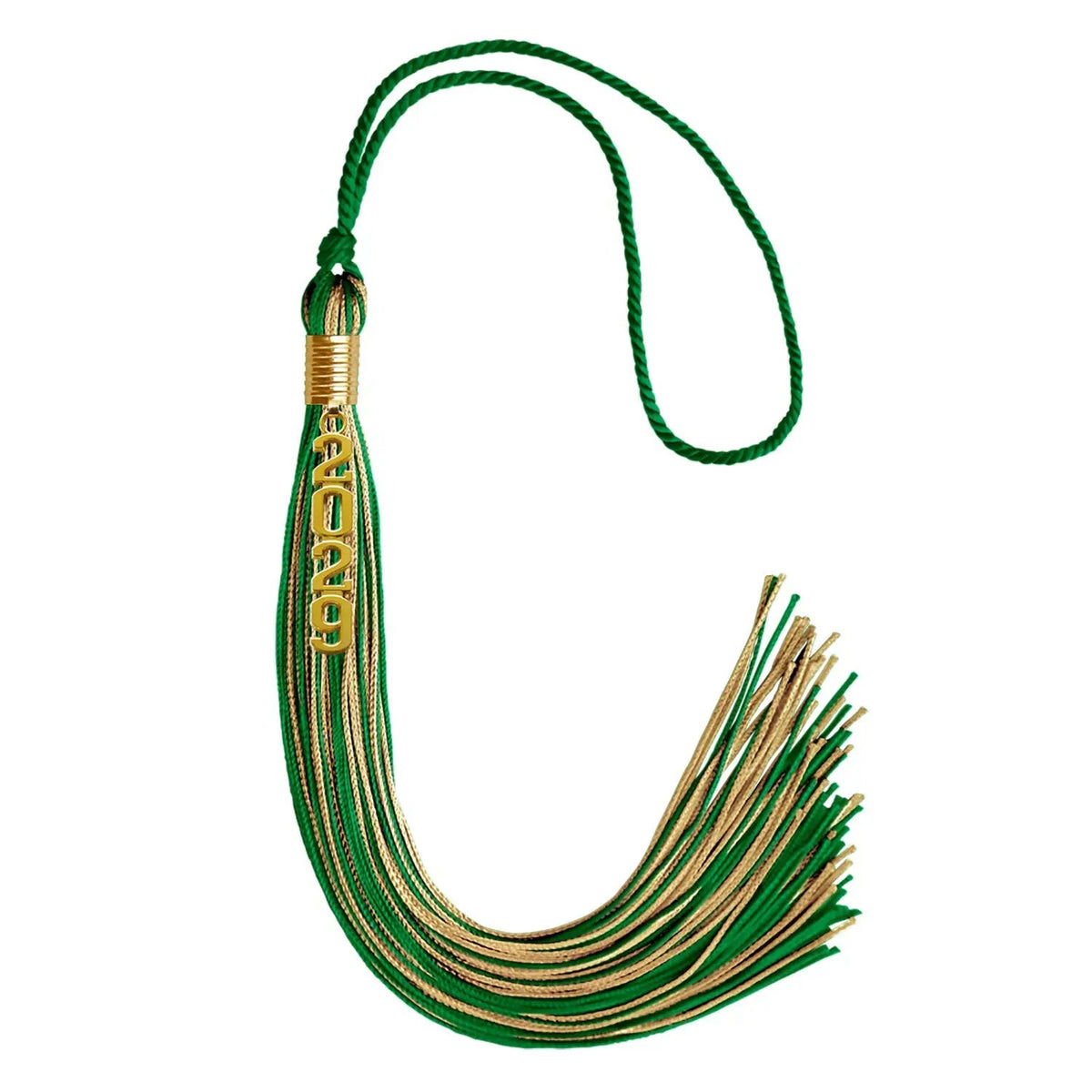 Green/Antique Gold Mixed Color Graduation Tassel with Gold Stacked Date Drop - Endea Graduation