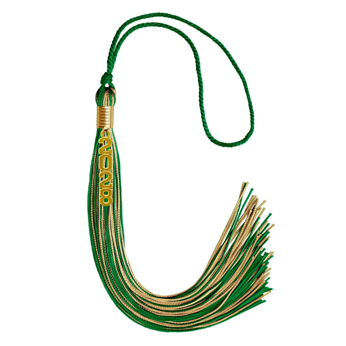 Green/Antique Gold Mixed Color Graduation Tassel with Gold Stacked Date Drop - Endea Graduation