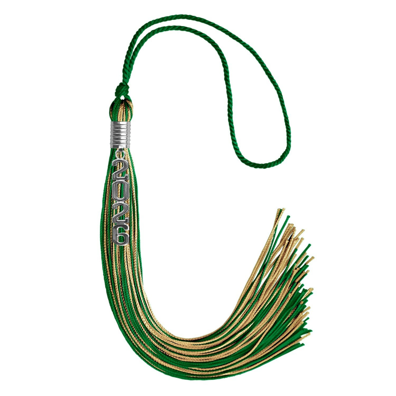 Green/Antique Gold Mixed Color Graduation Tassel with Stacked Silver Date Drop - Endea Graduation
