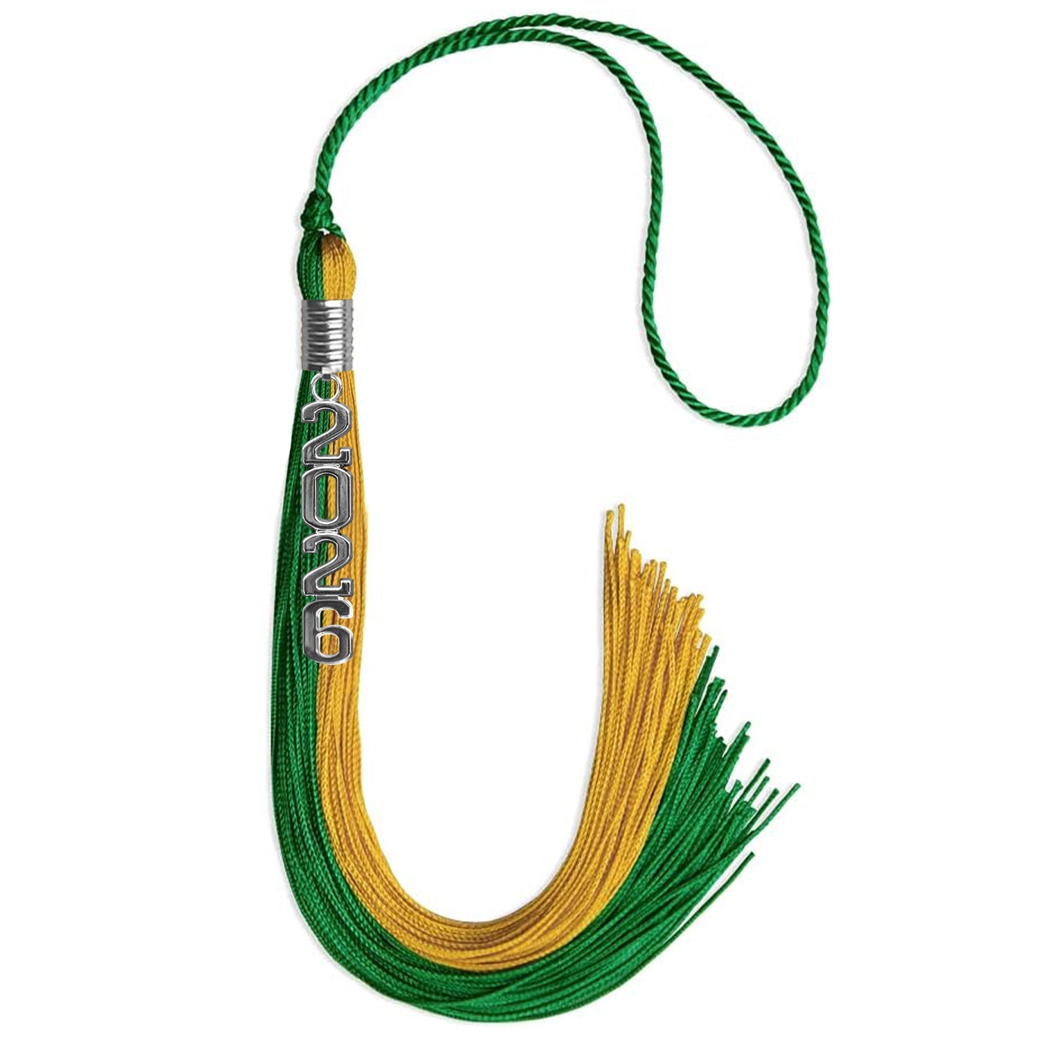 Green/Bright Gold Graduation Tassel with Silver Stacked Date Drop - Endea Graduation