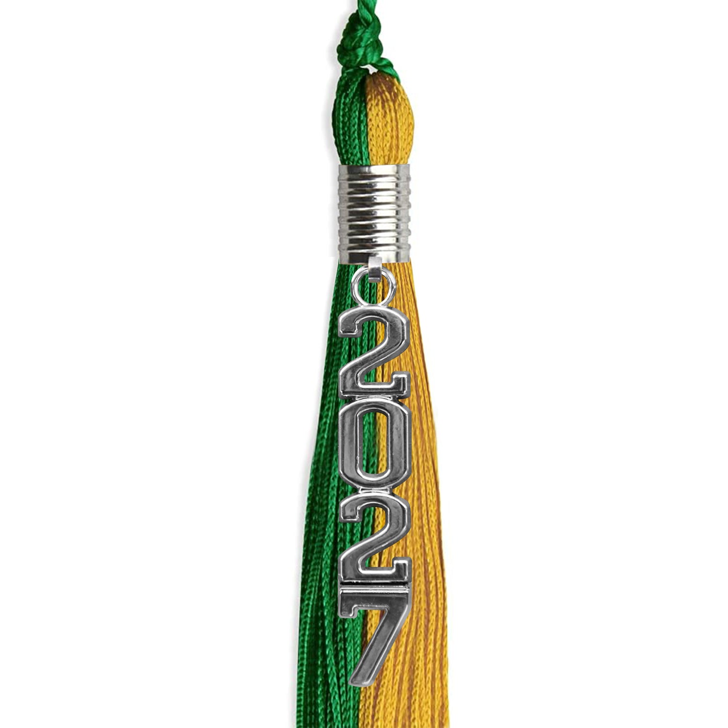 Green/Bright Gold Graduation Tassel with Silver Stacked Date Drop - Endea Graduation