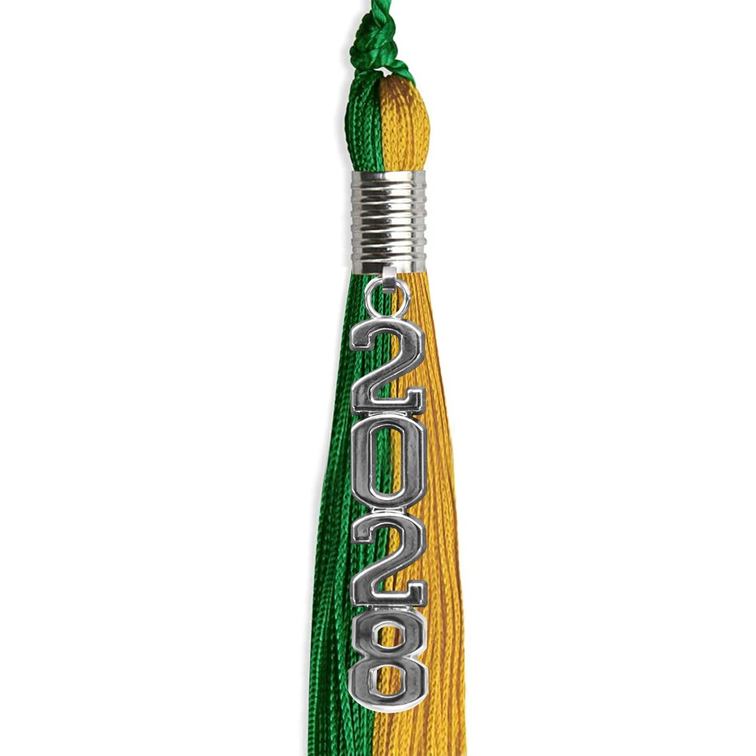 Green/Bright Gold Graduation Tassel with Silver Stacked Date Drop - Endea Graduation