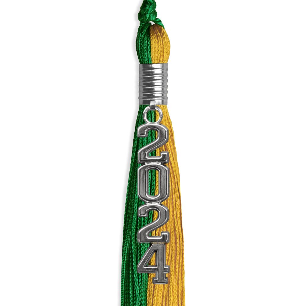 Green/Bright Gold Graduation Tassel with Silver Stacked Date Drop - Endea Graduation