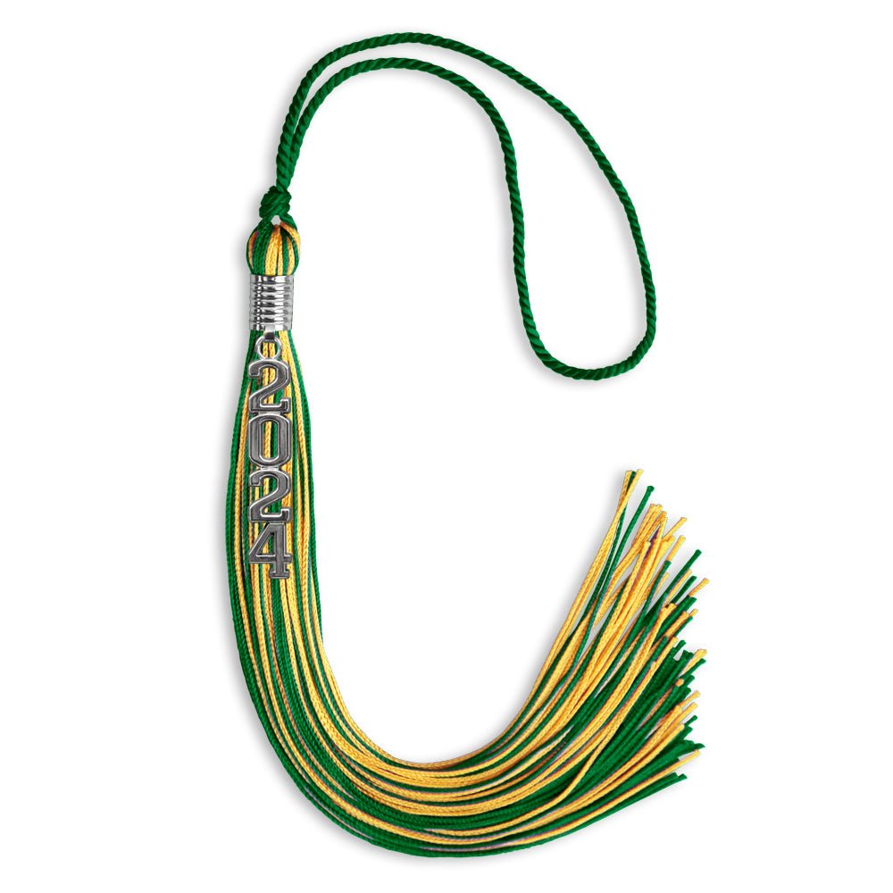 Green/Gold Mixed Color Graduation Tassel with Stacked Silver Date Drop - Endea Graduation