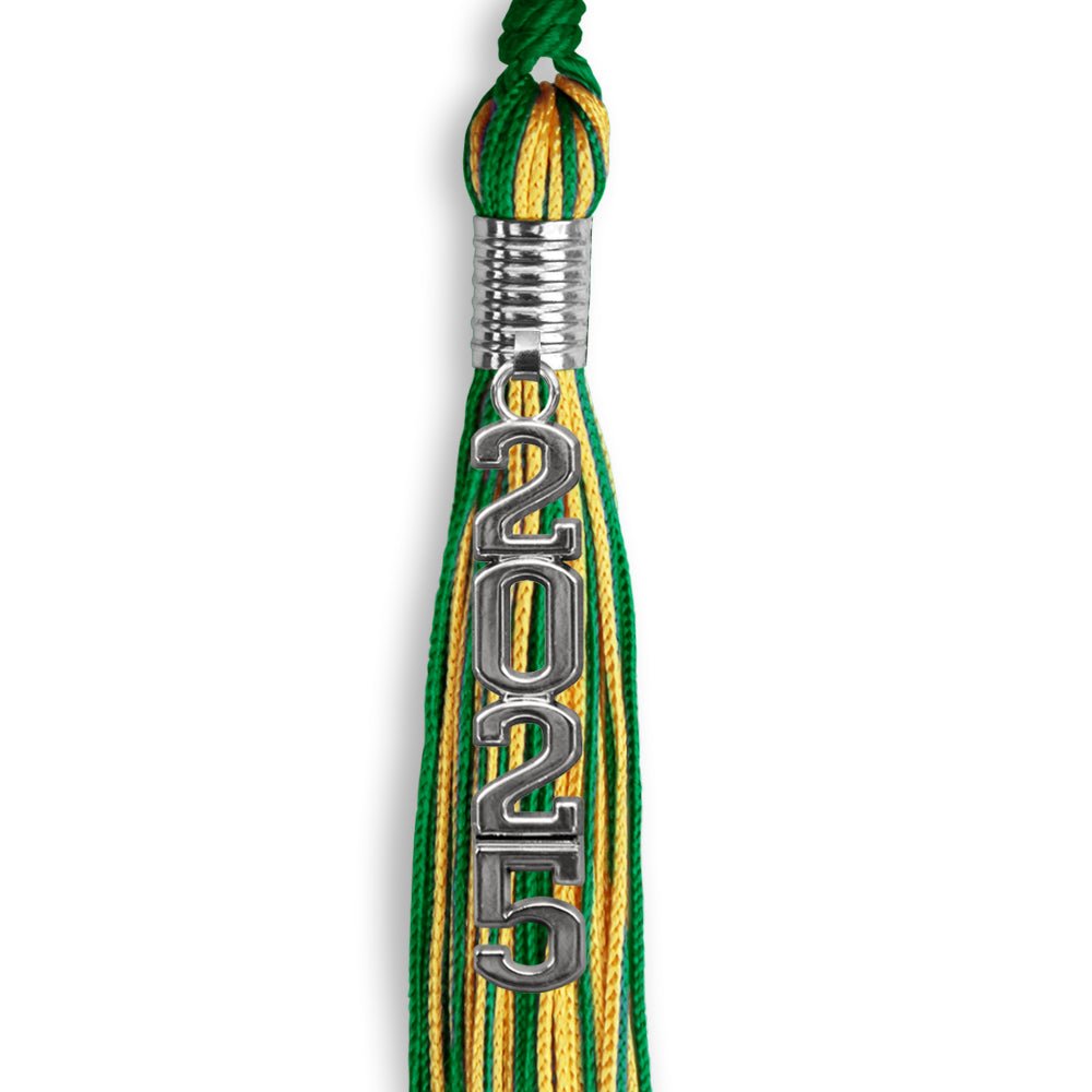 Green/Gold Mixed Color Graduation Tassel with Stacked Silver Date Drop - Endea Graduation