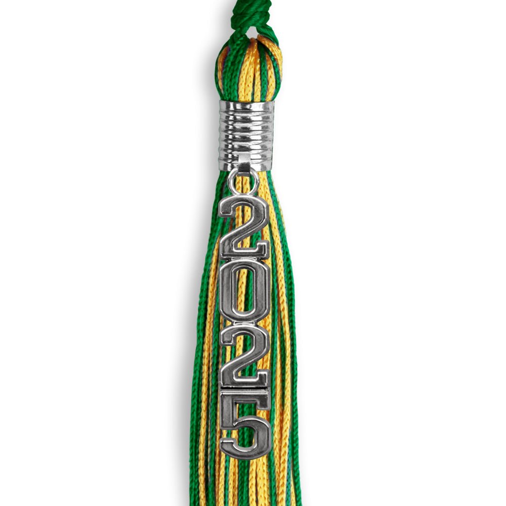 Green/Gold Mixed Color Graduation Tassel with Stacked Silver Date Drop - Endea Graduation