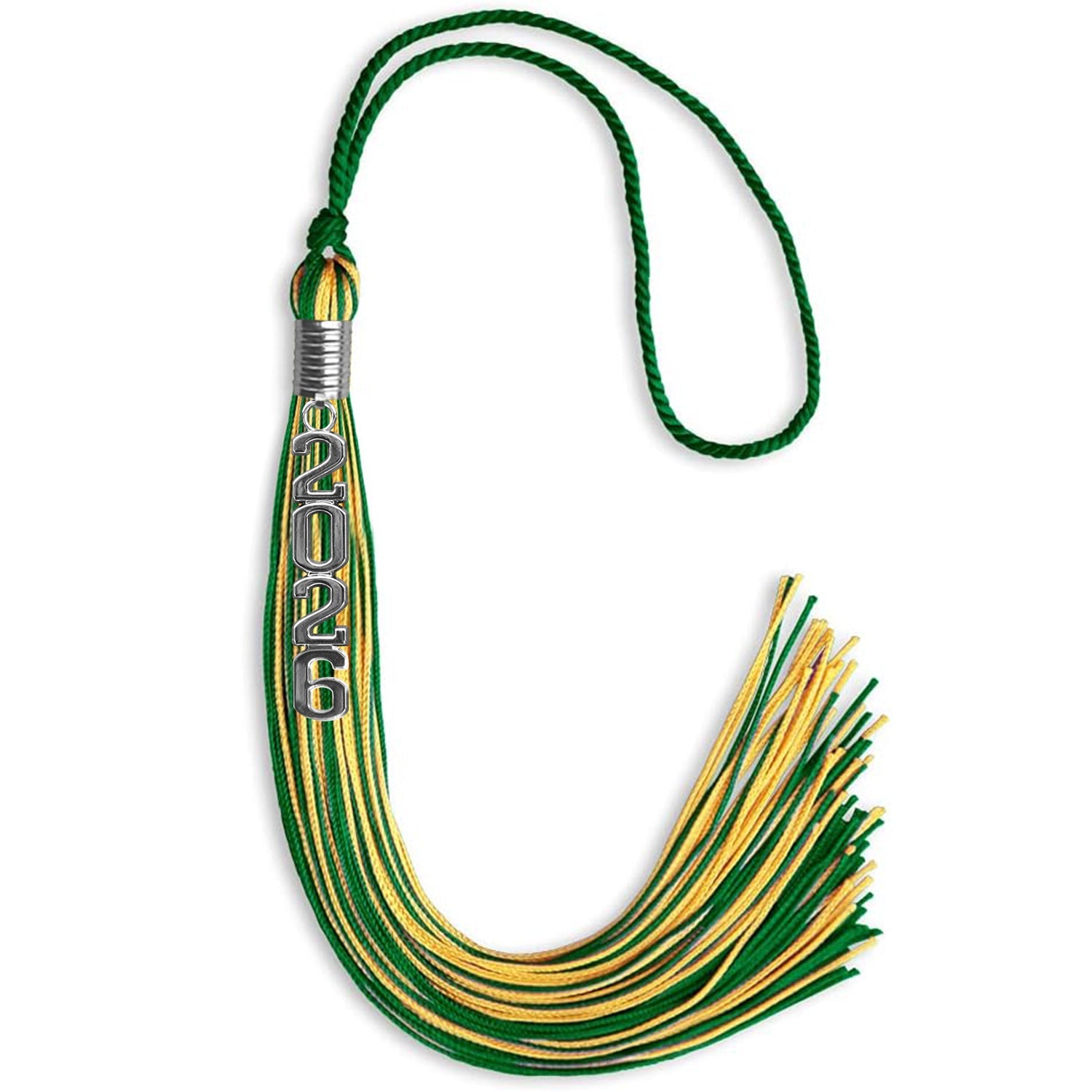 Green/Gold Mixed Color Graduation Tassel with Stacked Silver Date Drop - Endea Graduation