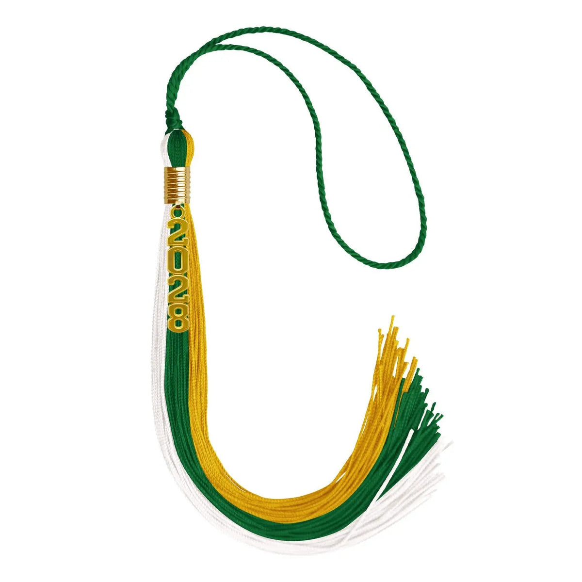 Green/Gold/White Graduation Tassel with Gold Stacked Date Drop - Endea Graduation