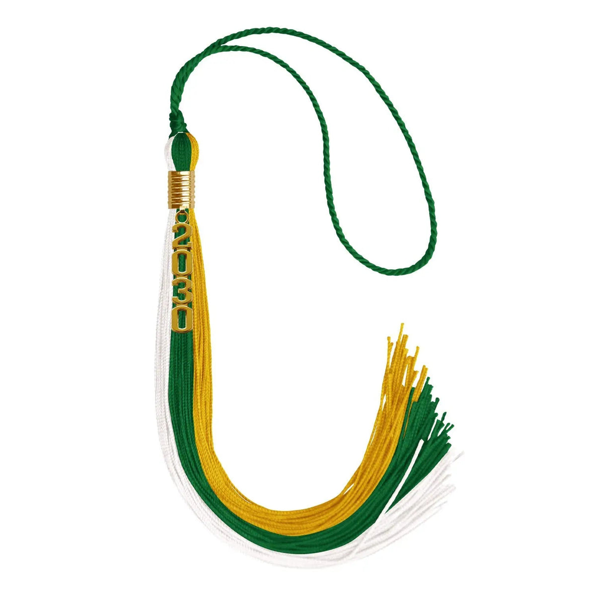 Green/Gold/White Graduation Tassel with Gold Stacked Date Drop - Endea Graduation