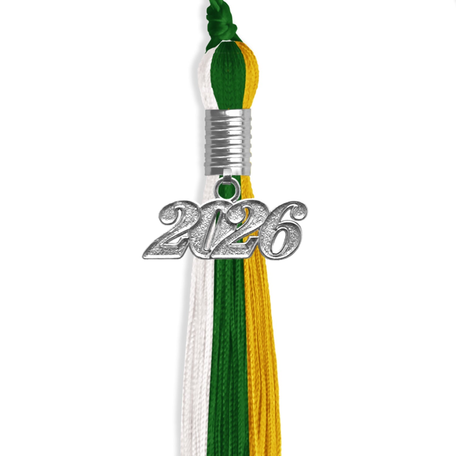 Green/Gold/White Graduation Tassel with Silver Date Drop - Endea Graduation
