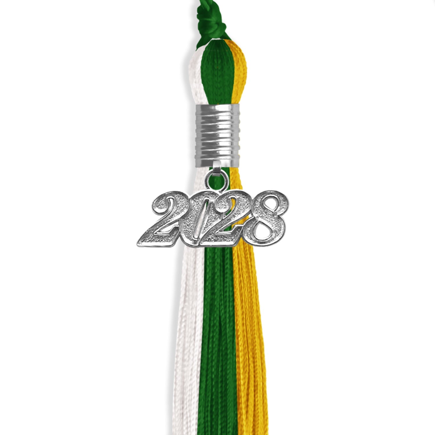 Green/Gold/White Graduation Tassel with Silver Date Drop - Endea Graduation