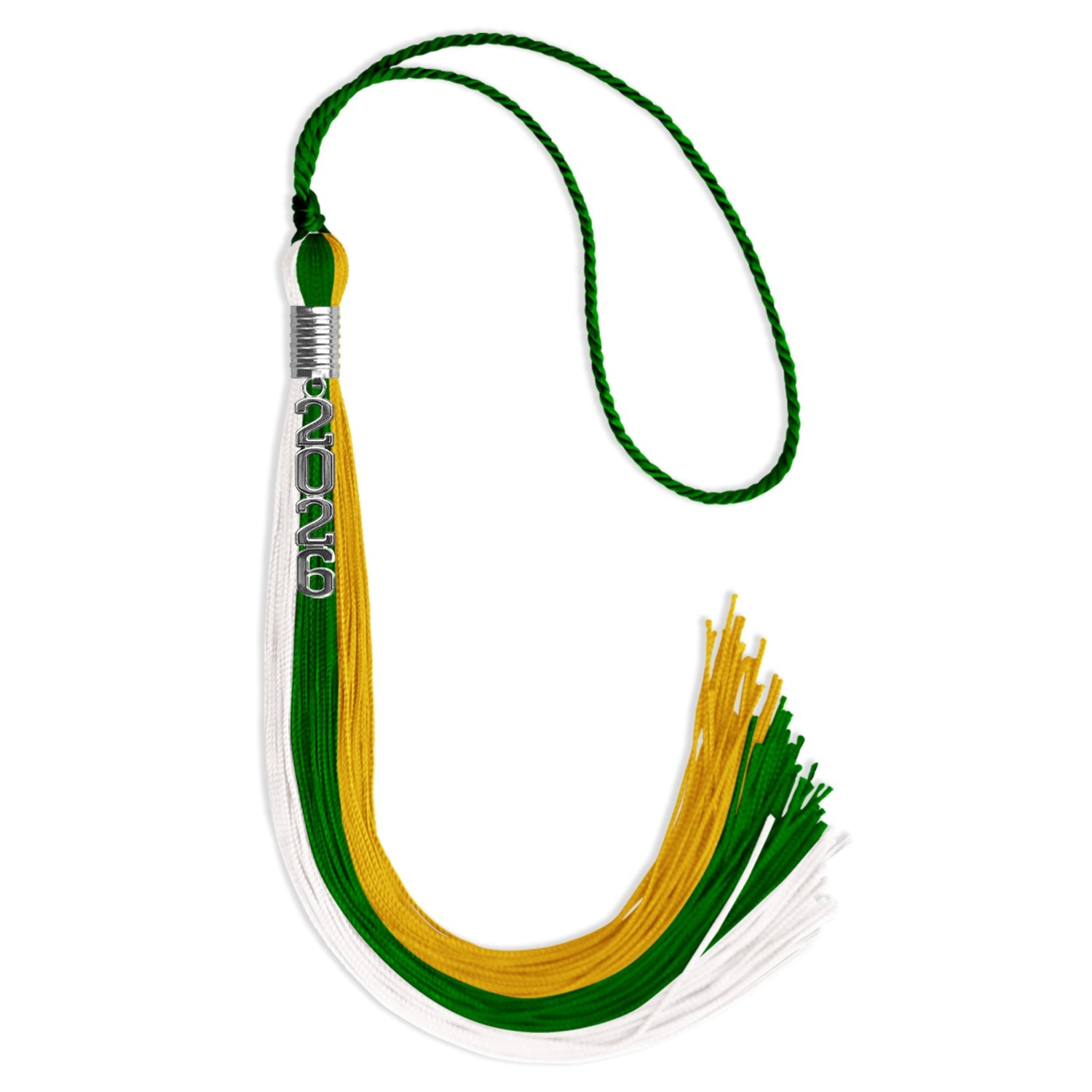 Green/Gold/White Graduation Tassel with Silver Stacked Date Drop - Endea Graduation