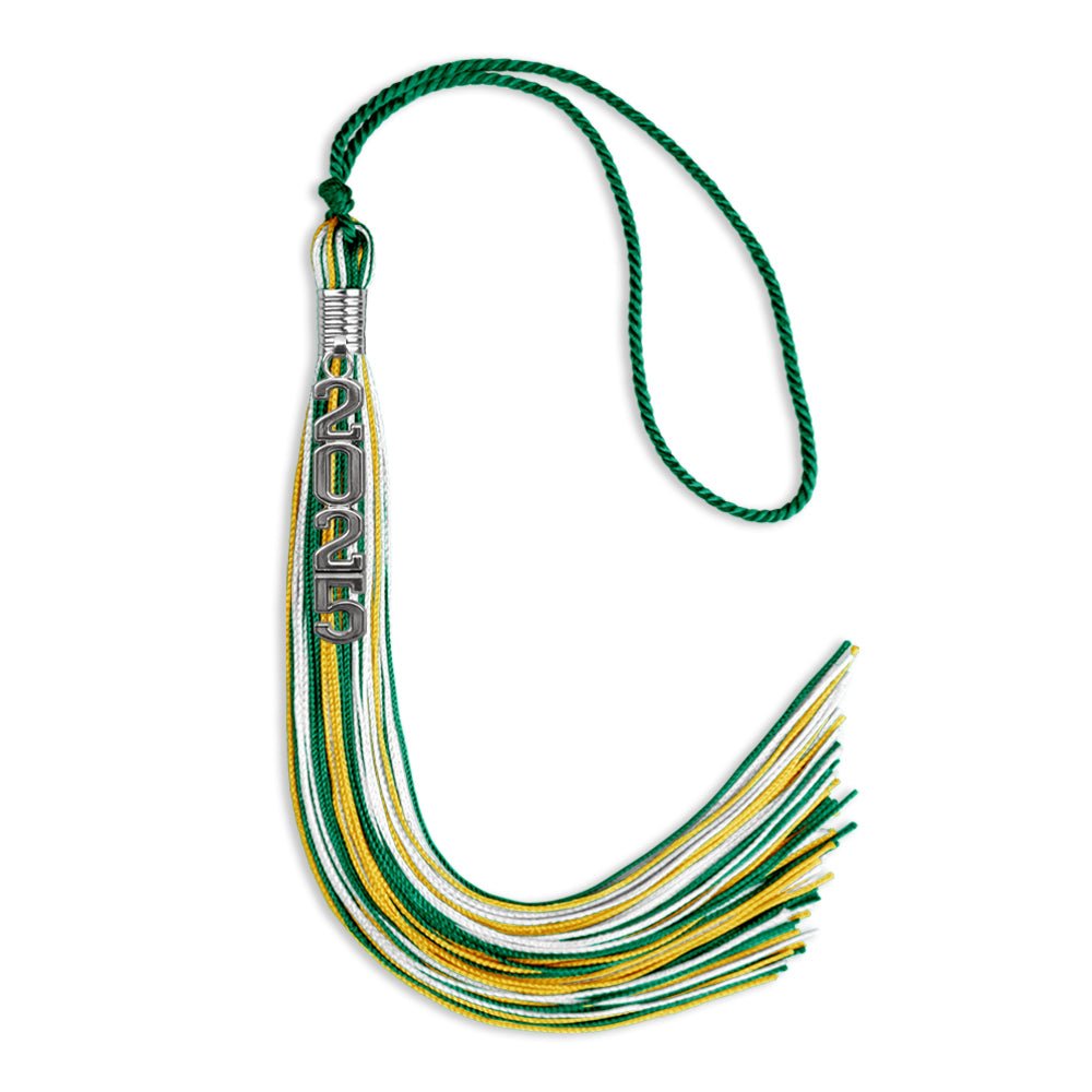 Green/Gold/White Mixed Color Graduation Tassel with Silver Stacked Date Drop - Endea Graduation