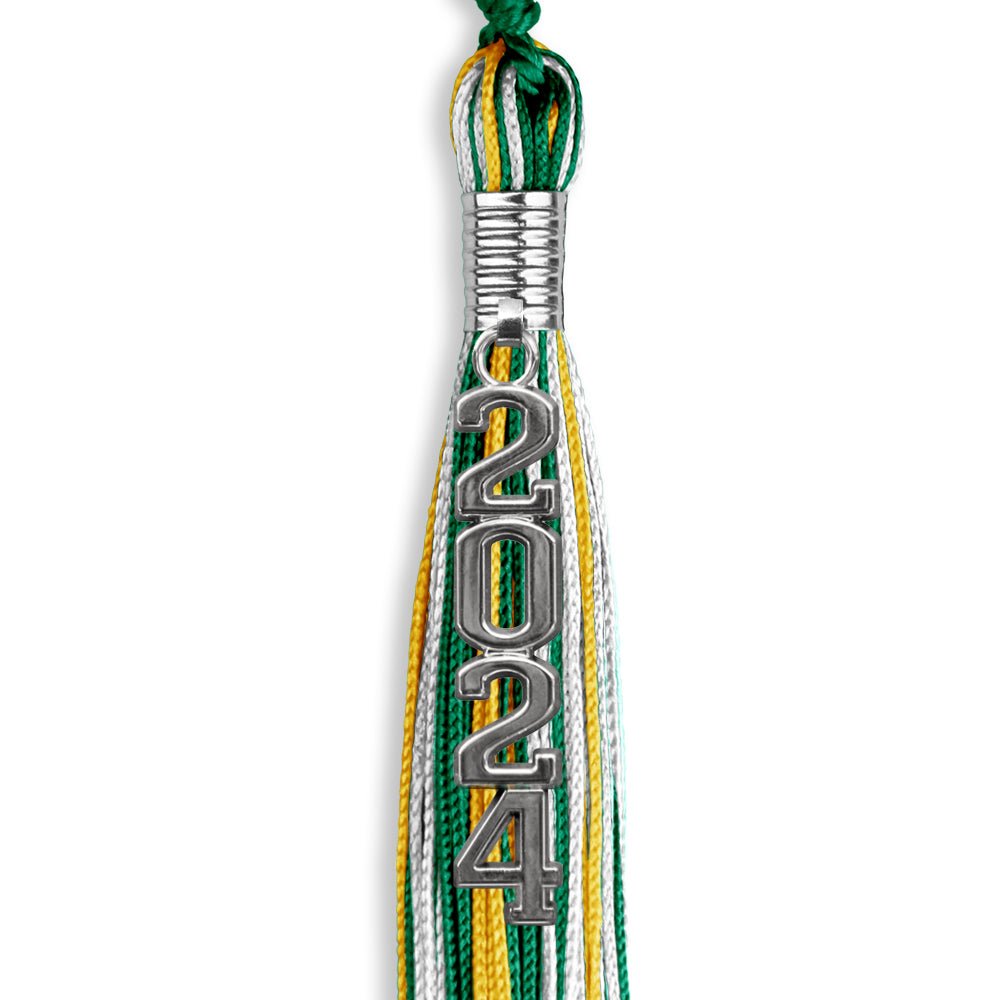 Green/Gold/White Mixed Color Graduation Tassel with Silver Stacked Date Drop - Endea Graduation