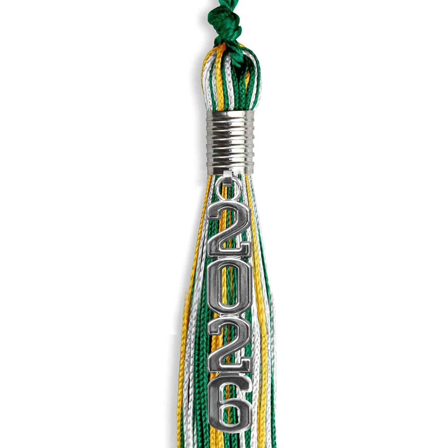 Green/Gold/White Mixed Color Graduation Tassel with Silver Stacked Date Drop - Endea Graduation