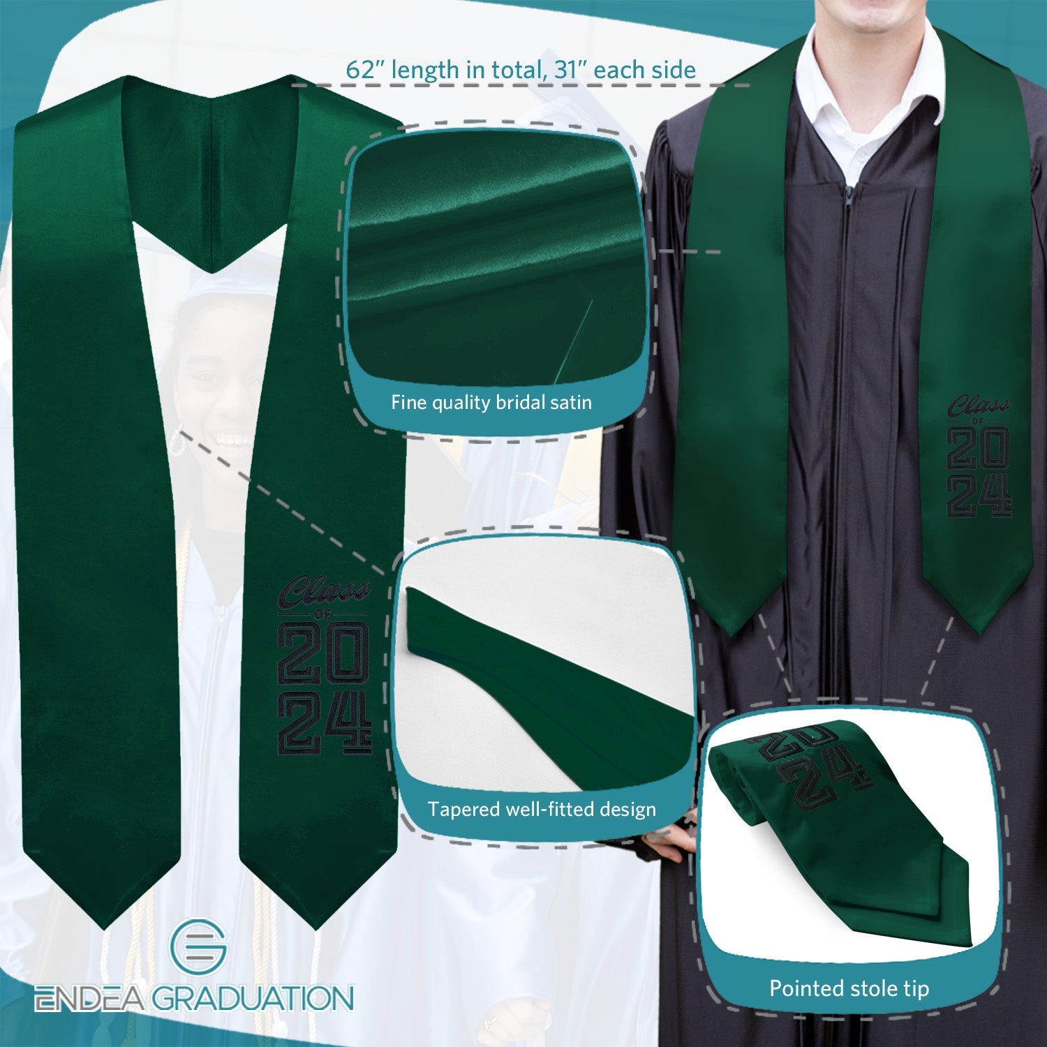 Hunter Green Class of 2024 Graduation Stole/Sash with Classic Tips - Endea Graduation