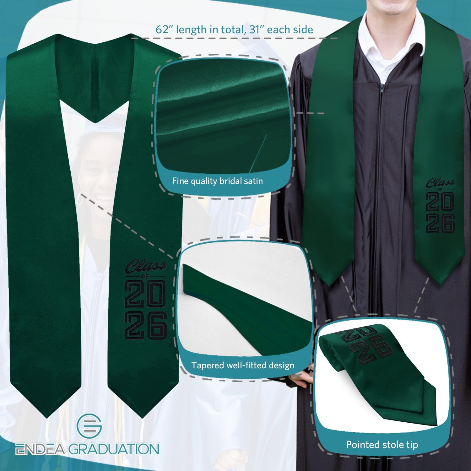 Hunter Green Class of 2026 Graduation Stole/Sash with Classic Tips - Endea Graduation