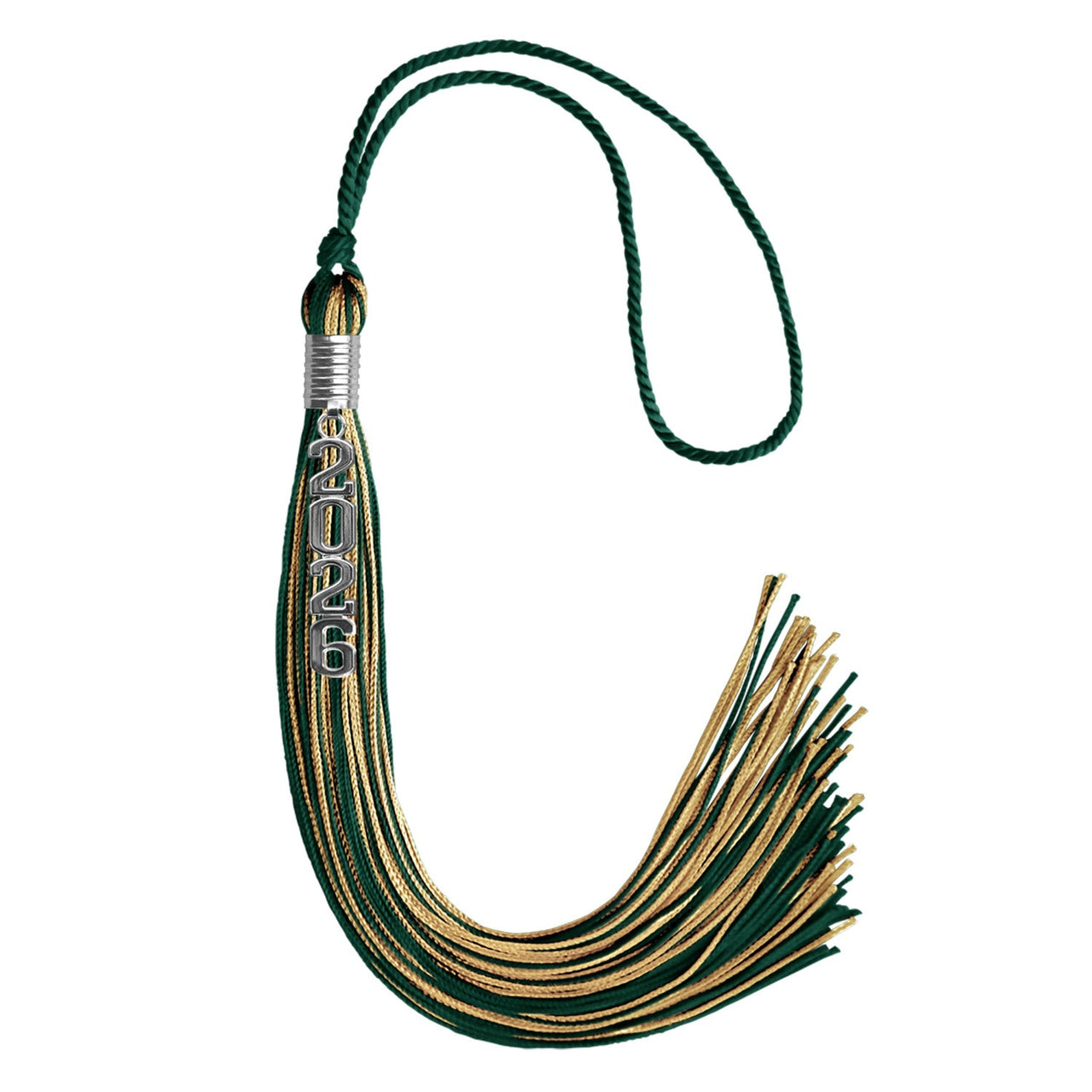 Hunter Green/Antique Gold Mixed Color Graduation Tassel with Stacked Silver Date Drop - Endea Graduation