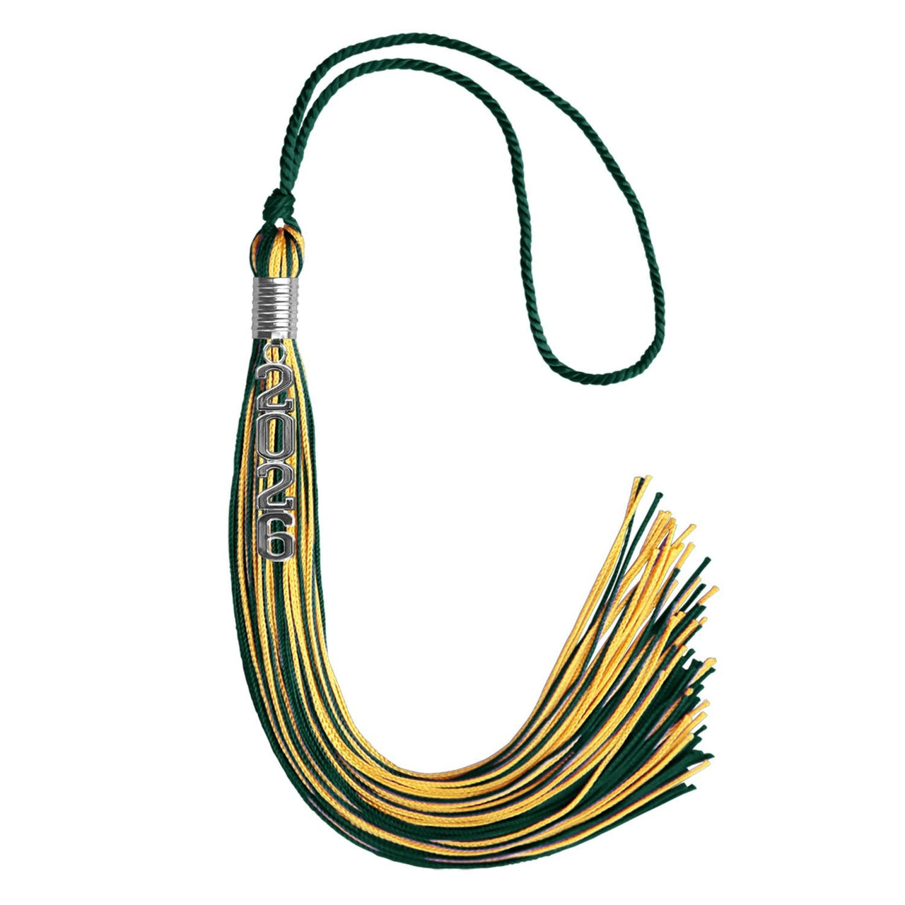Hunter Green/Gold Mixed Color Graduation Tassel with Stacked Silver Date Drop - Endea Graduation