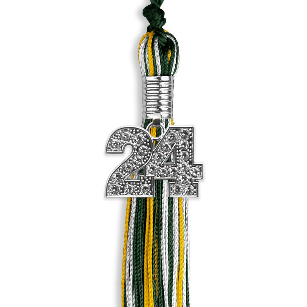 Hunter Green/Gold/White Mixed Color Graduation Tassel with Silver Date Drop - Endea Graduation