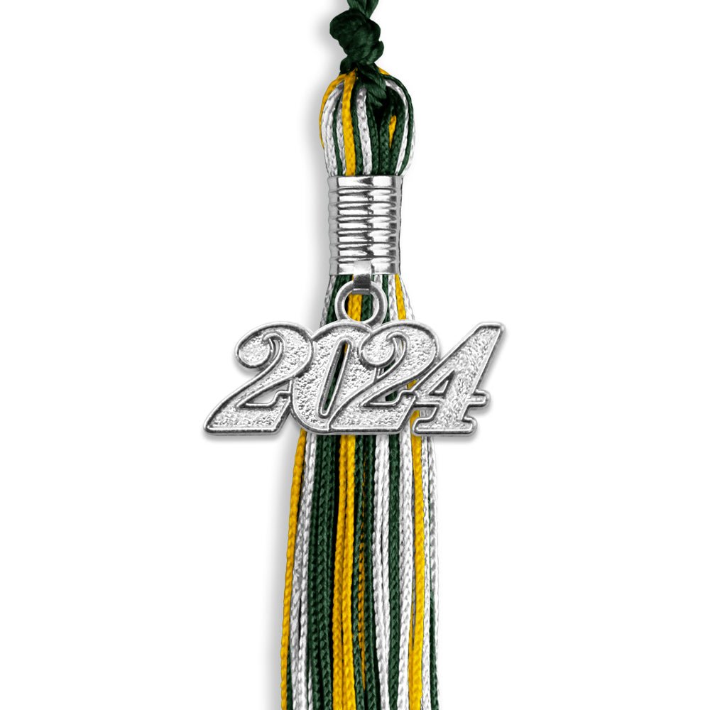 Hunter Green/Gold/White Mixed Color Graduation Tassel with Silver Date Drop - Endea Graduation