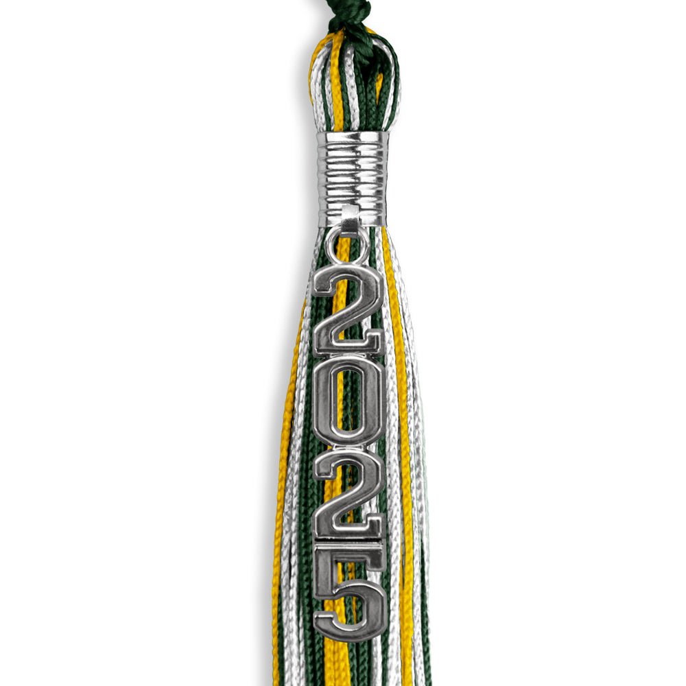 Hunter Green/Gold/White Mixed Color Graduation Tassel with Silver Stacked Date Drop - Endea Graduation