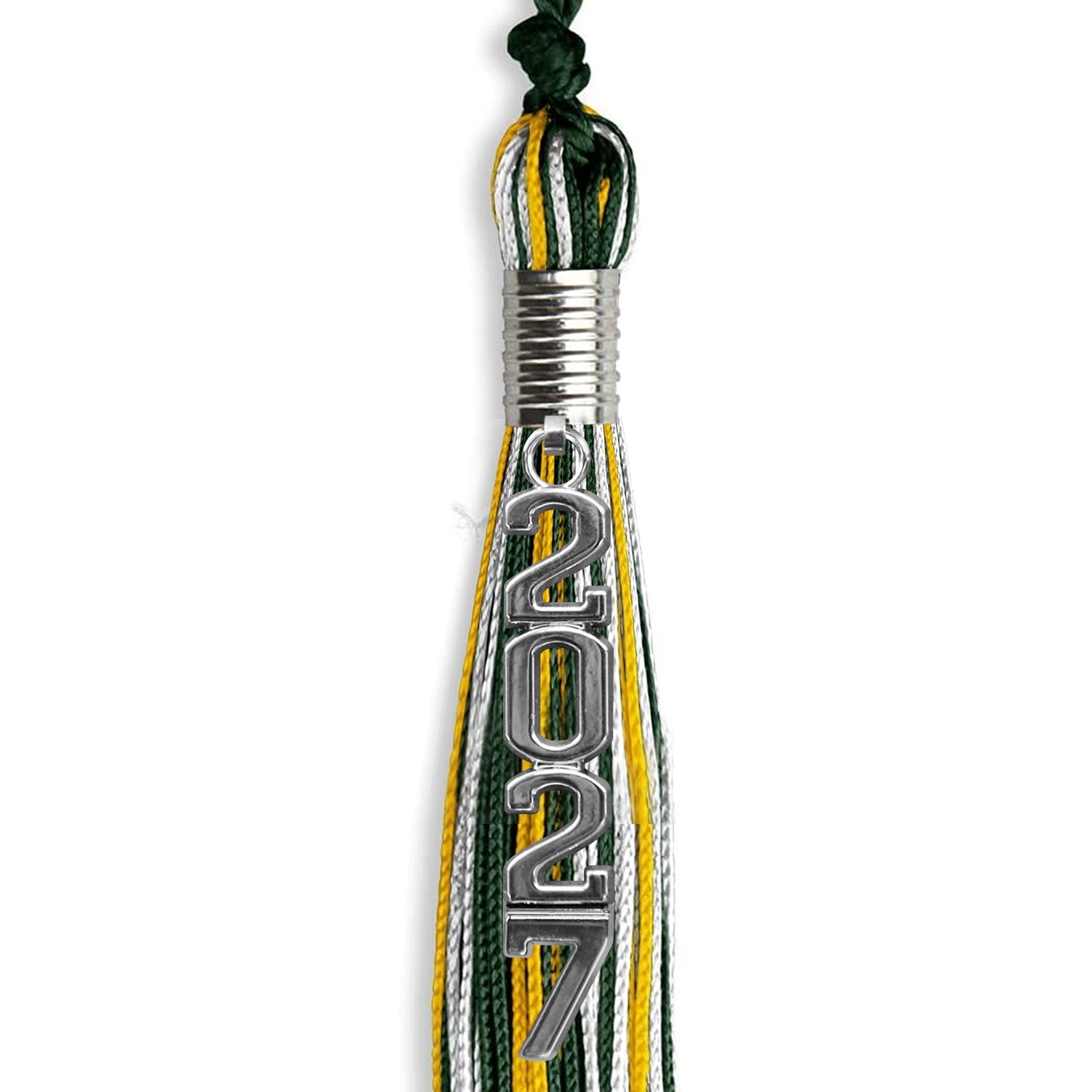 Hunter Green/Gold/White Mixed Color Graduation Tassel with Silver Stacked Date Drop - Endea Graduation