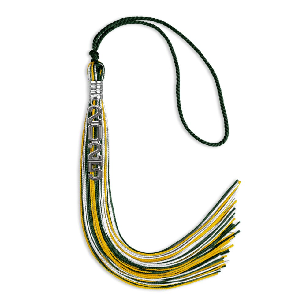 Hunter Green/Gold/White Mixed Color Graduation Tassel with Silver Stacked Date Drop - Endea Graduation