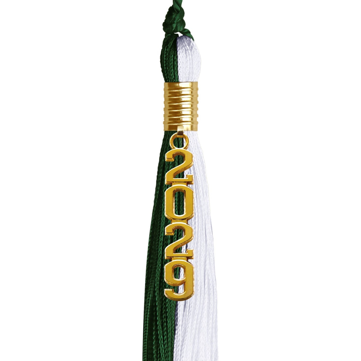 Hunter Green/White Graduation Tassel with Gold Stacked Date Drop - Endea Graduation
