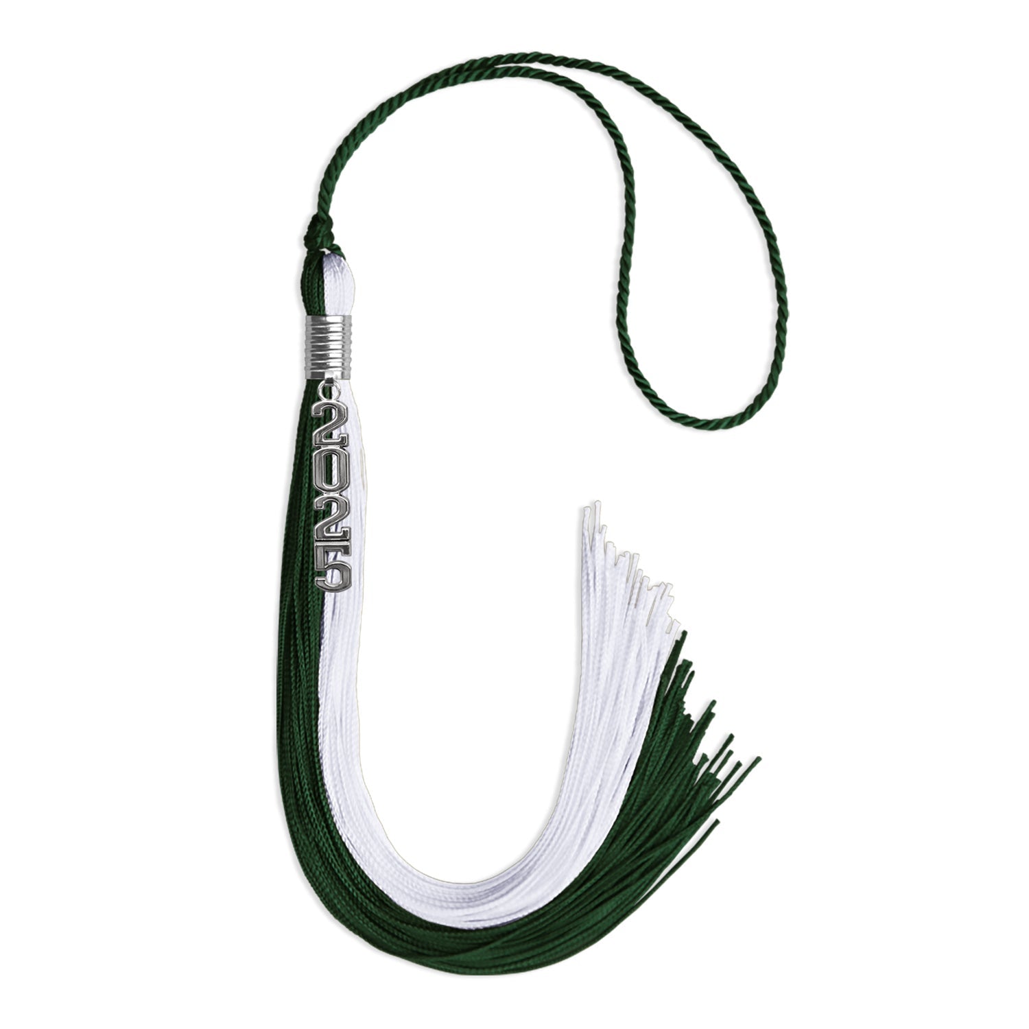 Hunter Green/White Graduation Tassel with Silver Stacked Date Drop - Endea Graduation