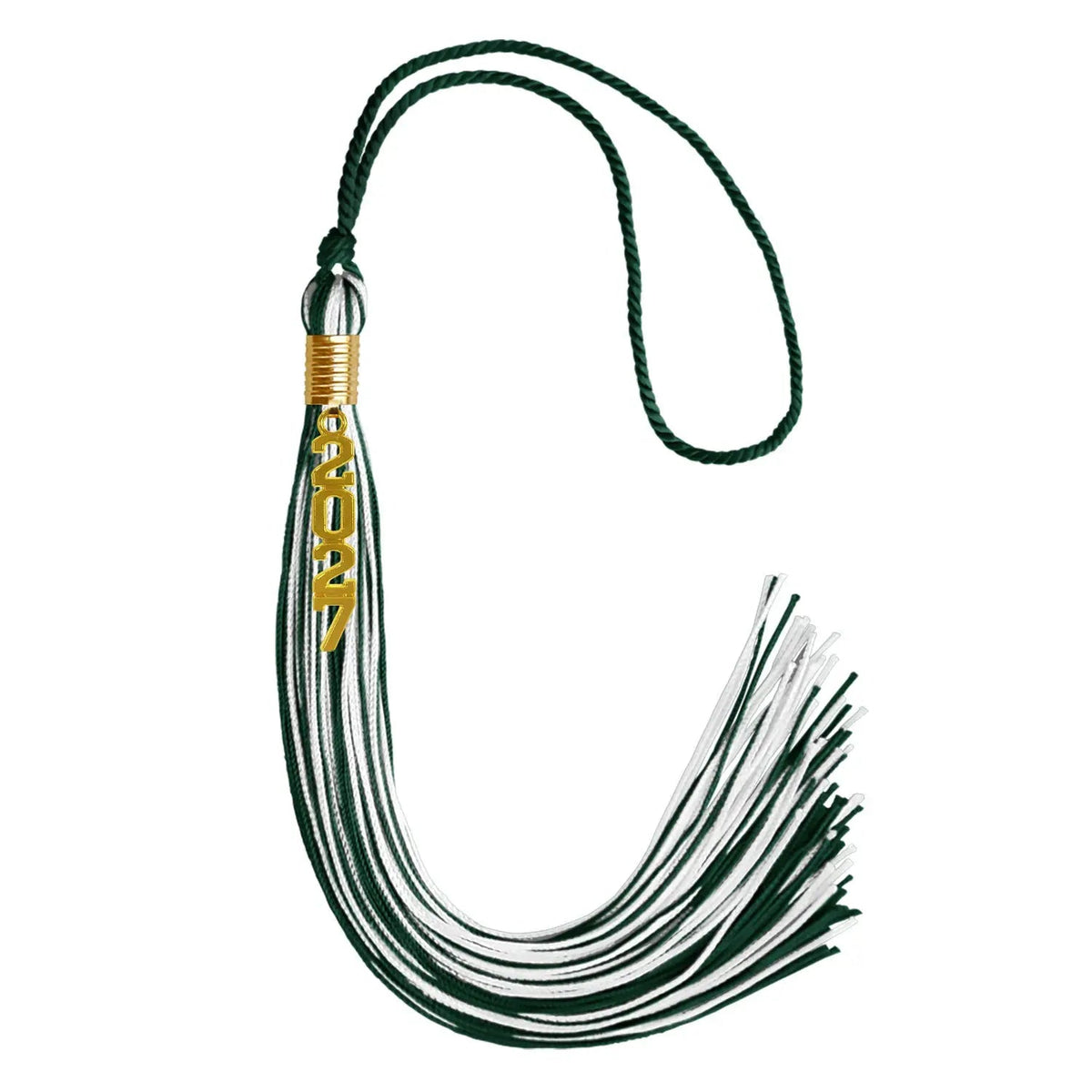 Hunter Green/White Mixed Color Graduation Tassel with Gold Stacked Date Drop - Endea Graduation