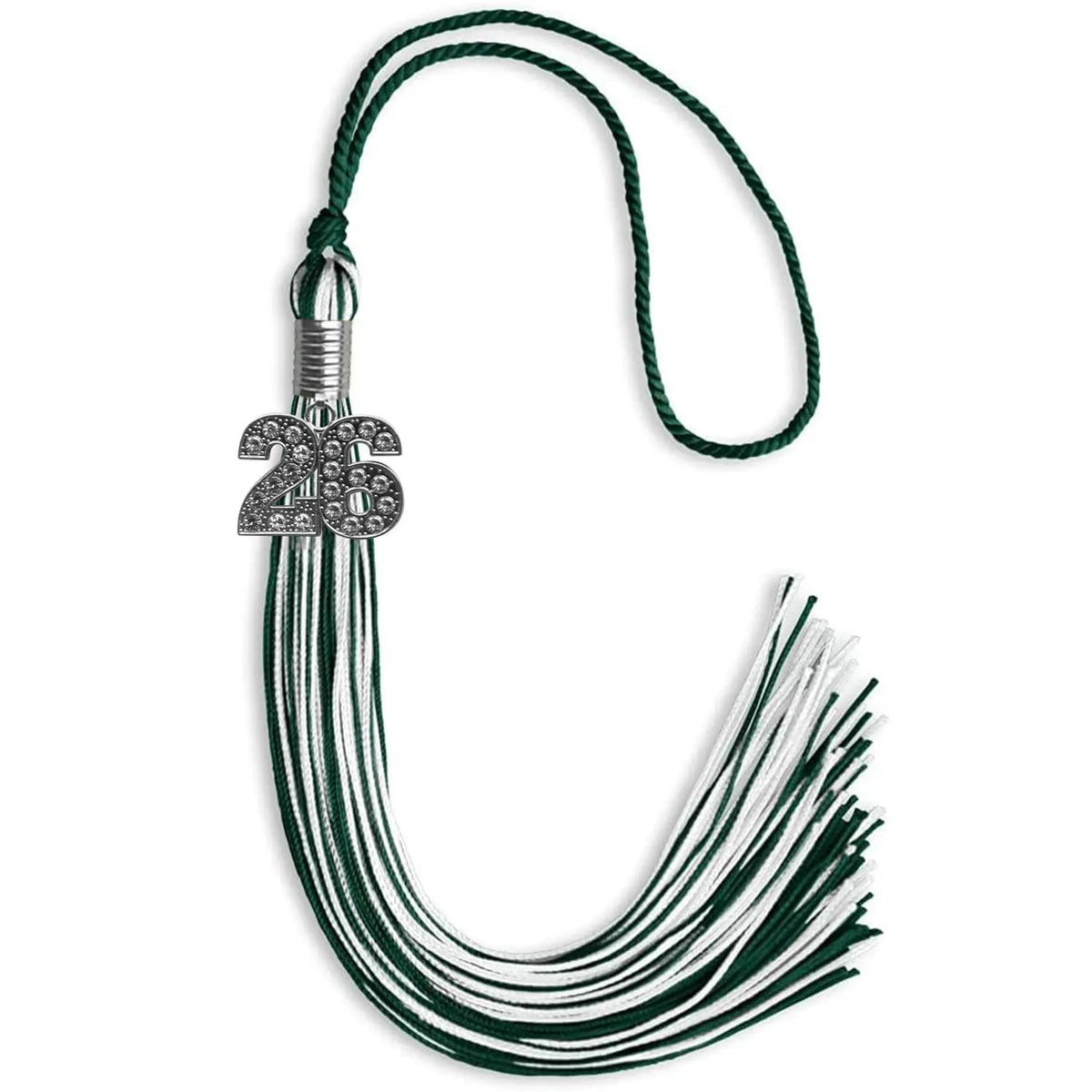 Hunter Green/White Mixed Color Graduation Tassel with Silver Bling Charm - Endea Graduation