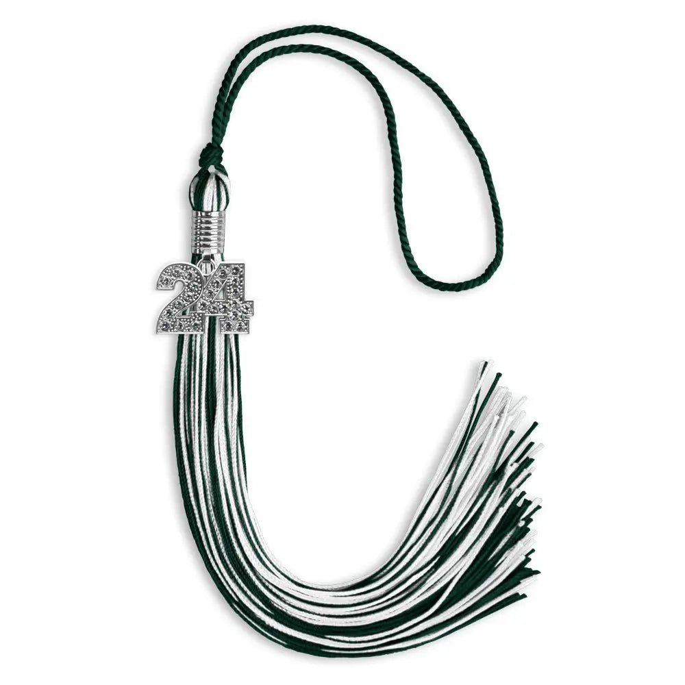 Hunter Green/White Mixed Color Graduation Tassel with Silver Bling Charm - Endea Graduation