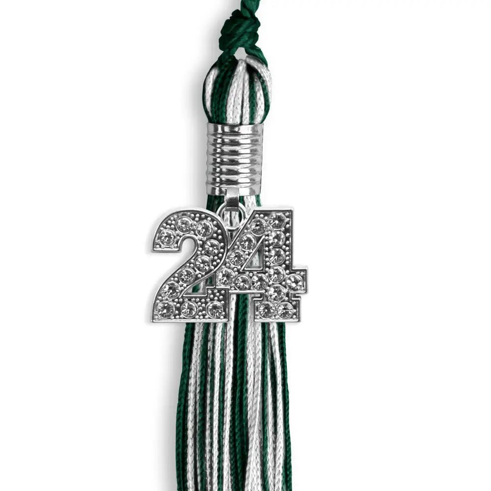 Hunter Green/White Mixed Color Graduation Tassel with Silver Bling Charm - Endea Graduation