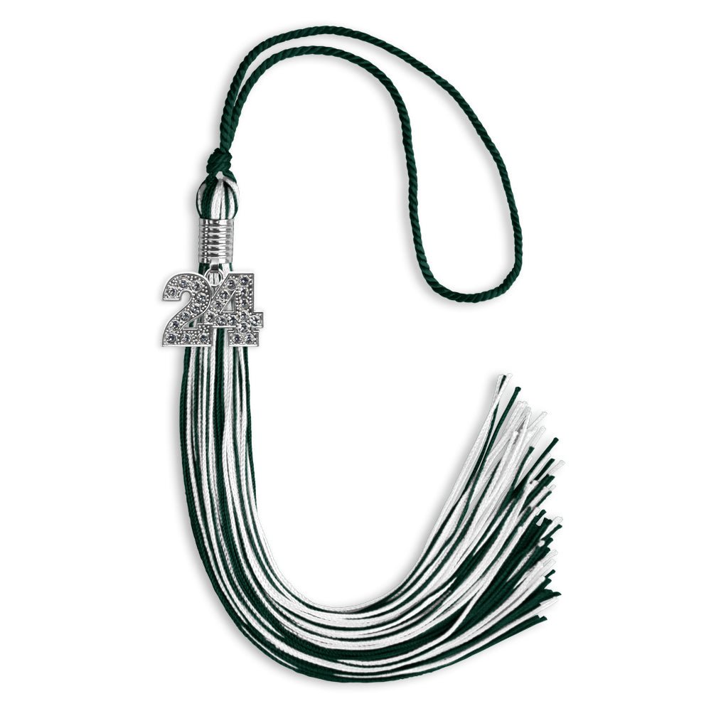 Hunter Green/White Mixed Color Graduation Tassel with Silver Date Drop - Endea Graduation