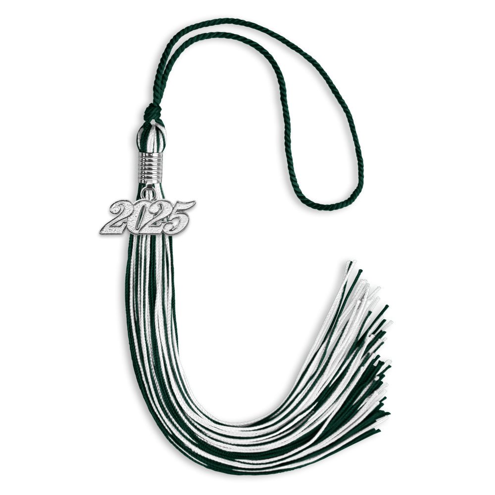 Hunter Green/White Mixed Color Graduation Tassel with Silver Date Drop - Endea Graduation