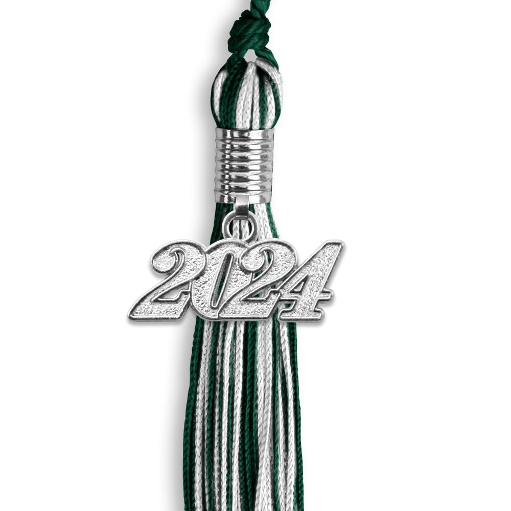 Hunter Green/White Mixed Color Graduation Tassel with Silver Date Drop - Endea Graduation