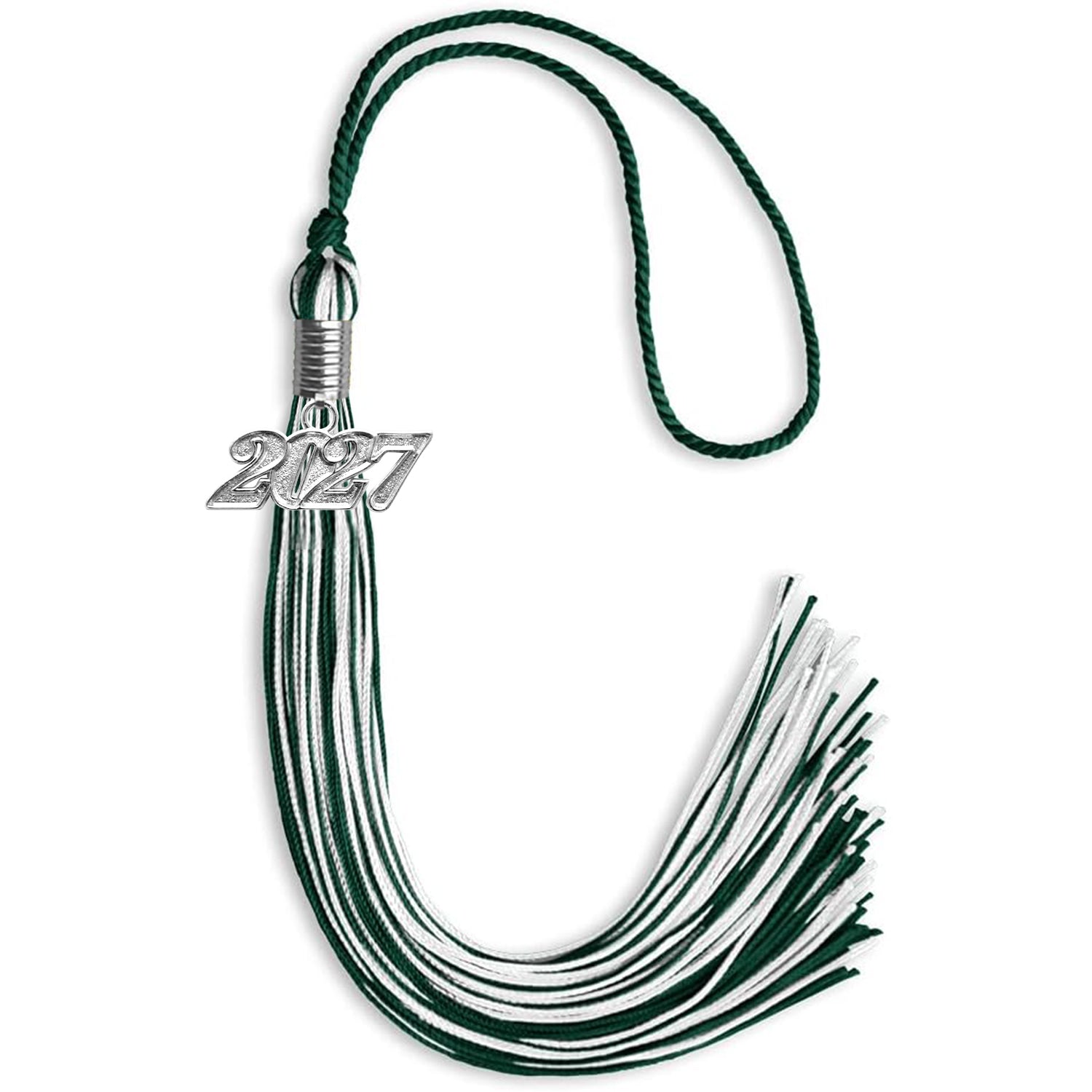 Hunter Green/White Mixed Color Graduation Tassel with Silver Date Drop - Endea Graduation