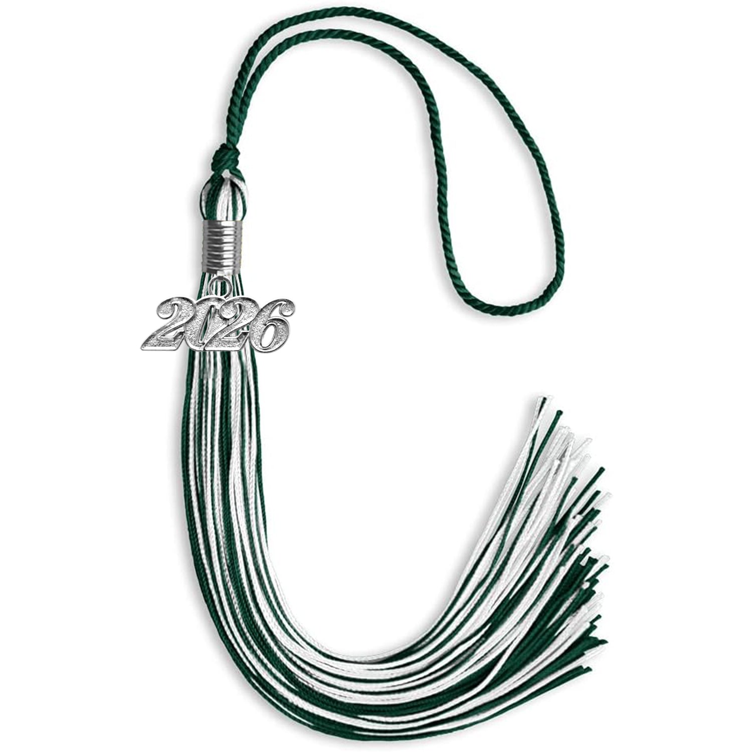 Hunter Green/White Mixed Color Graduation Tassel with Silver Date Drop - Endea Graduation