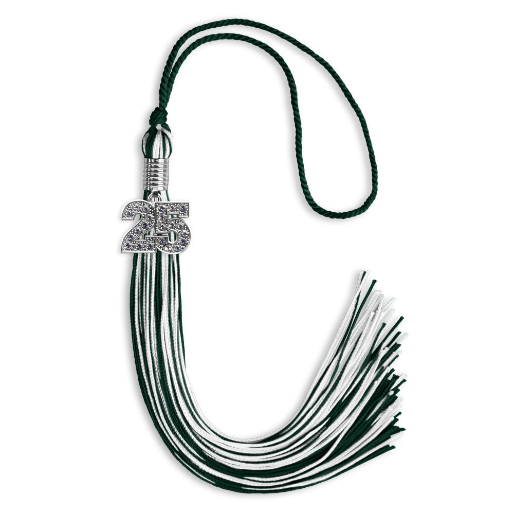 Hunter Green/White Mixed Color Graduation Tassel with Silver Date Drop - Endea Graduation