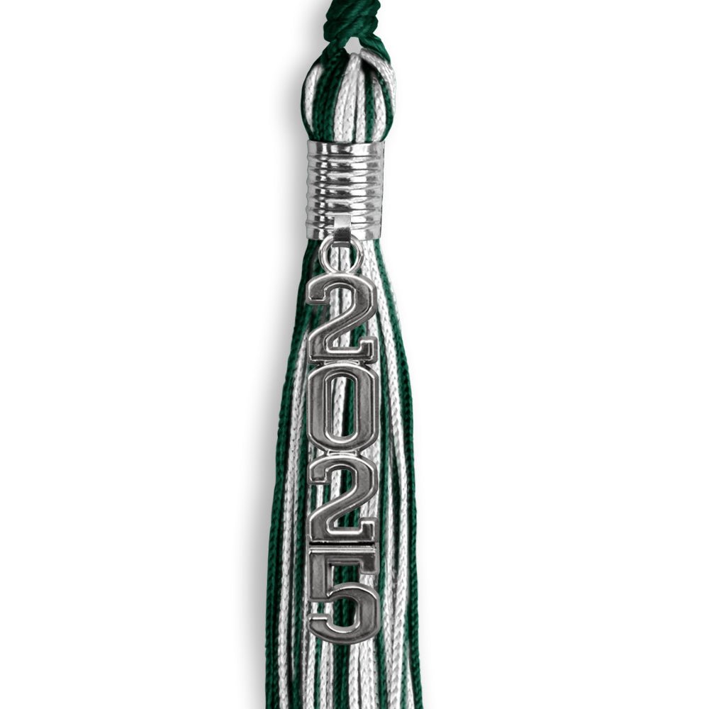 Hunter Green/White Mixed Color Graduation Tassel with Stacked Silver Date Drop - Endea Graduation