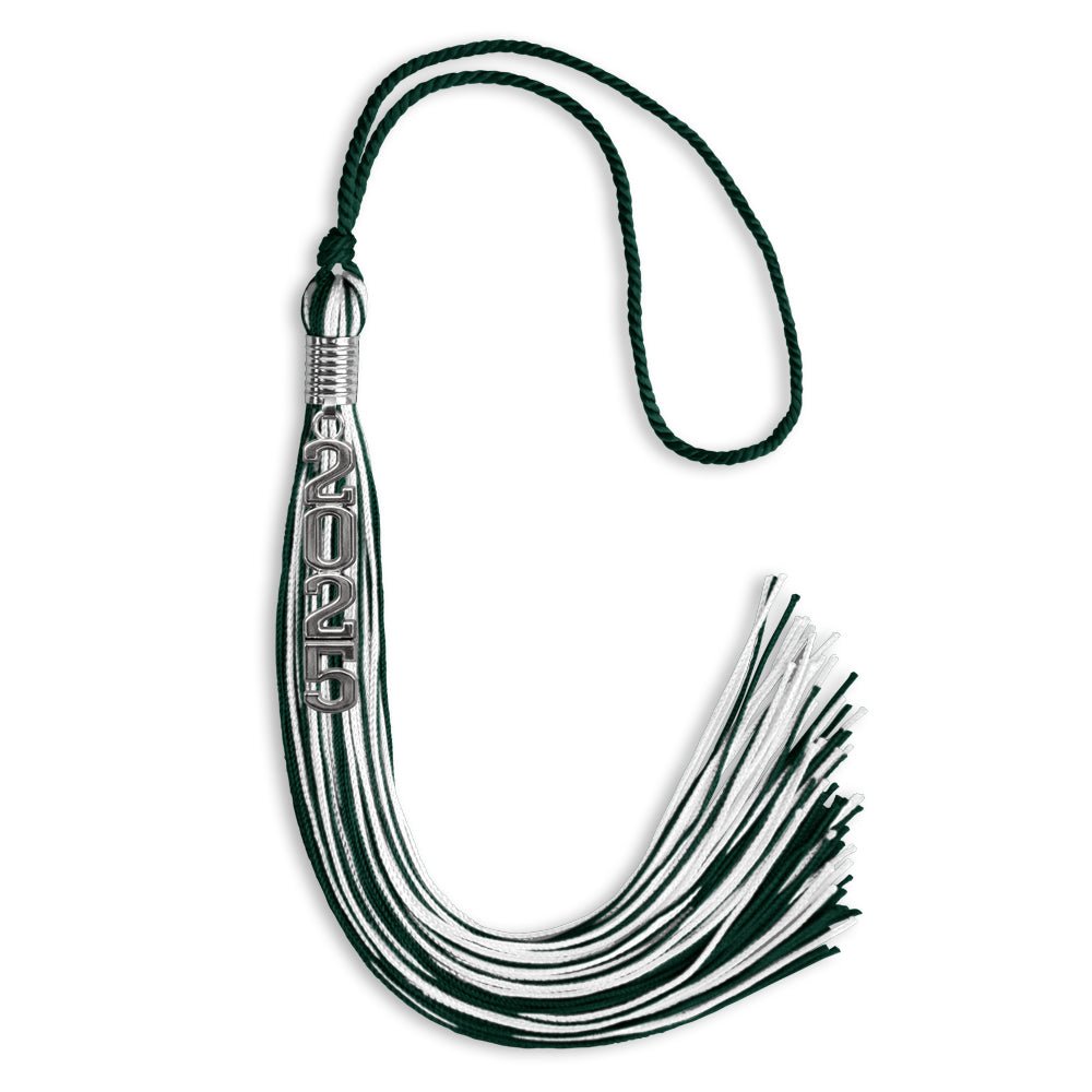 Hunter Green/White Mixed Color Graduation Tassel with Stacked Silver Date Drop - Endea Graduation