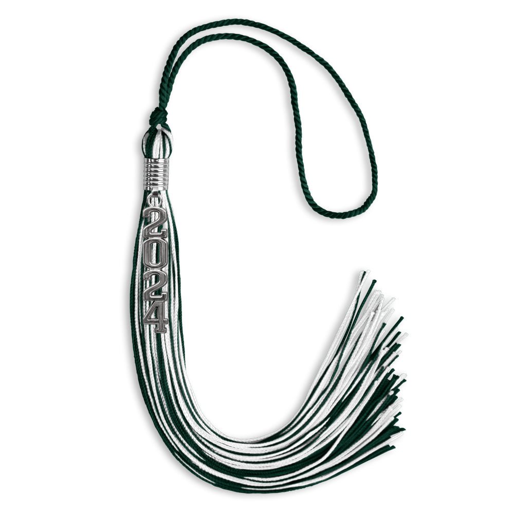 Hunter Green/White Mixed Color Graduation Tassel with Stacked Silver Date Drop - Endea Graduation