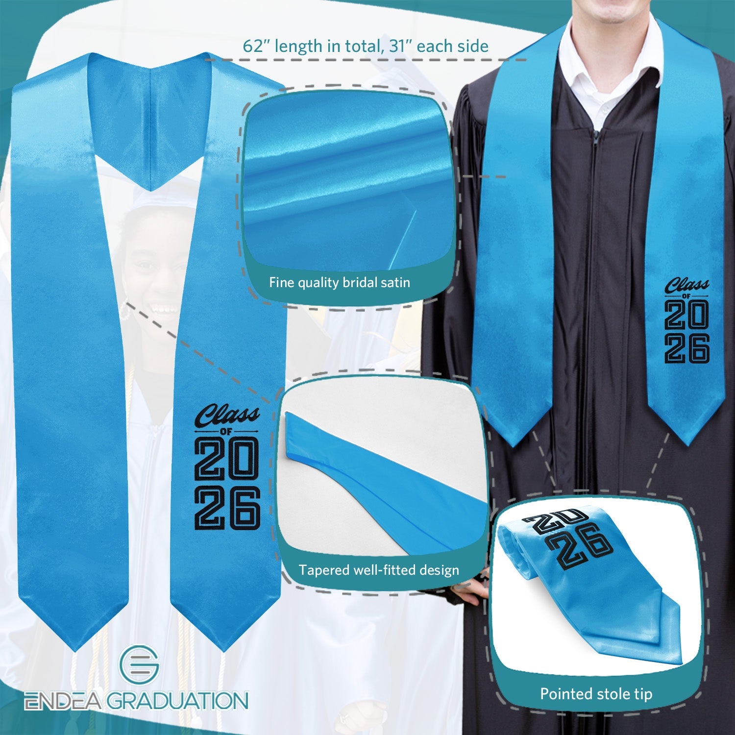 Light Blue Class of 2026 Graduation Stole/Sash with Classic Tips - Endea Graduation