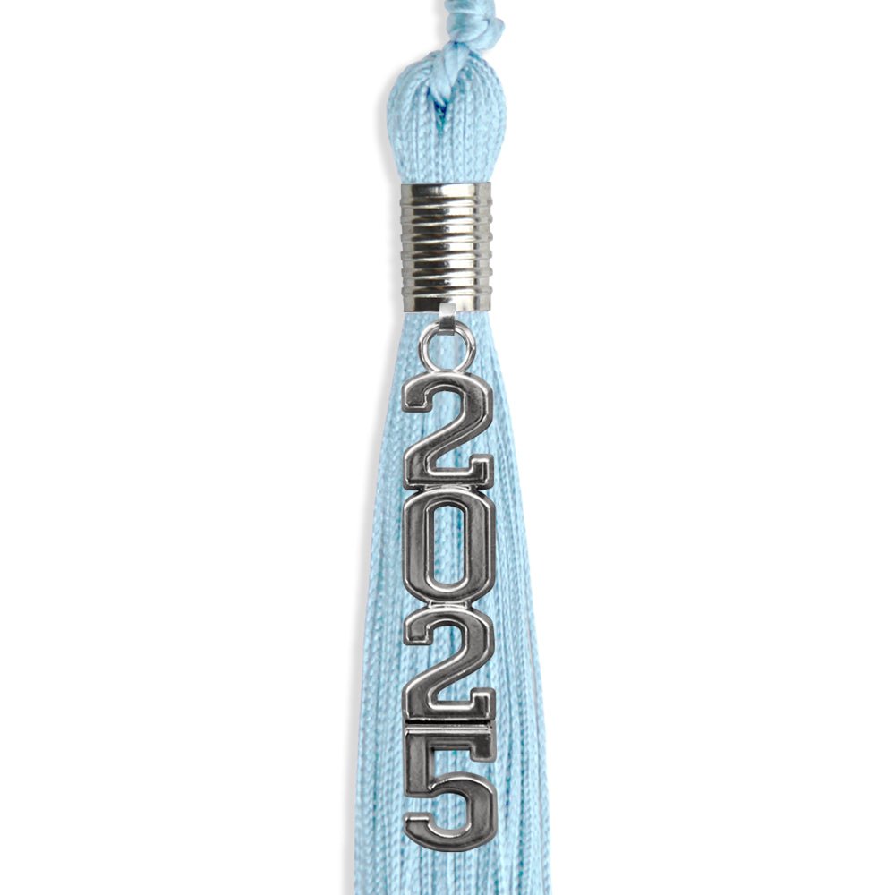 Light Blue Graduation Tassel with Silver Stacked Date Drop - Endea Graduation