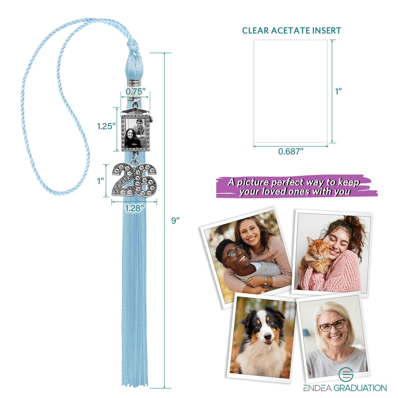Light Blue Tassel with Photo Frame Charm and Bling Charm - Endea Graduation