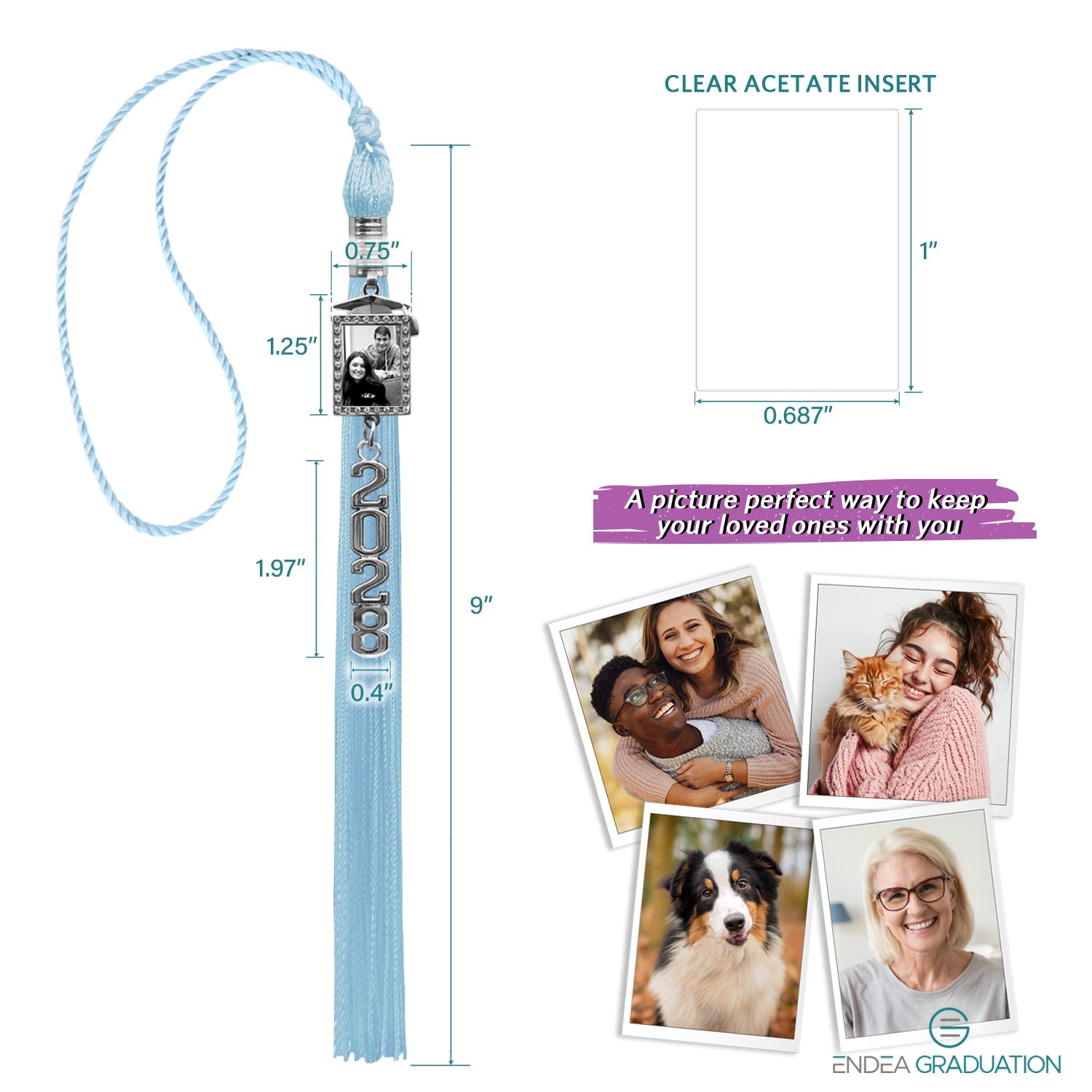 Light Blue Tassel with Photo Frame Charm and Stacked Date Drop - Endea Graduation