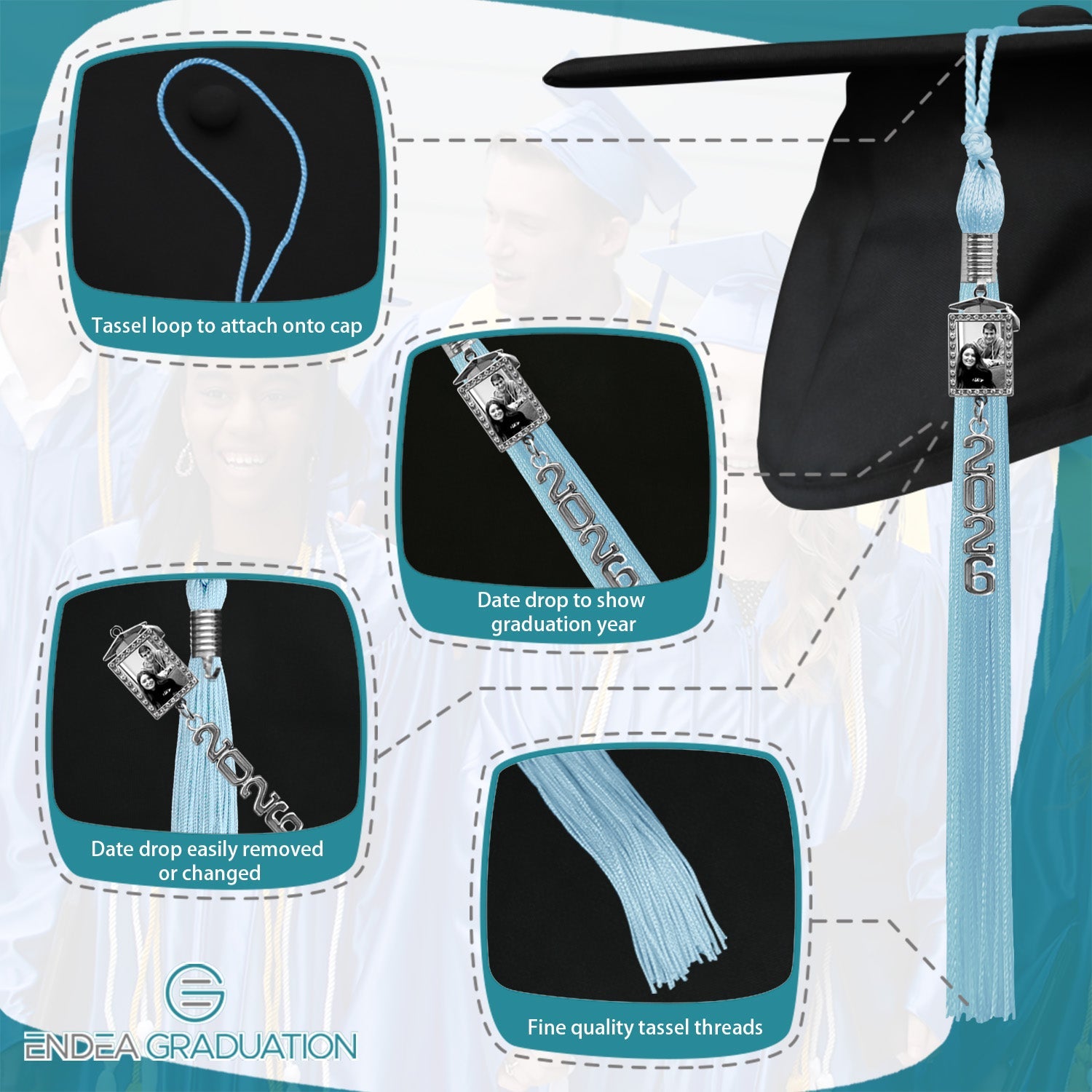 Light Blue Tassel with Photo Frame Charm and Stacked Date Drop - Endea Graduation